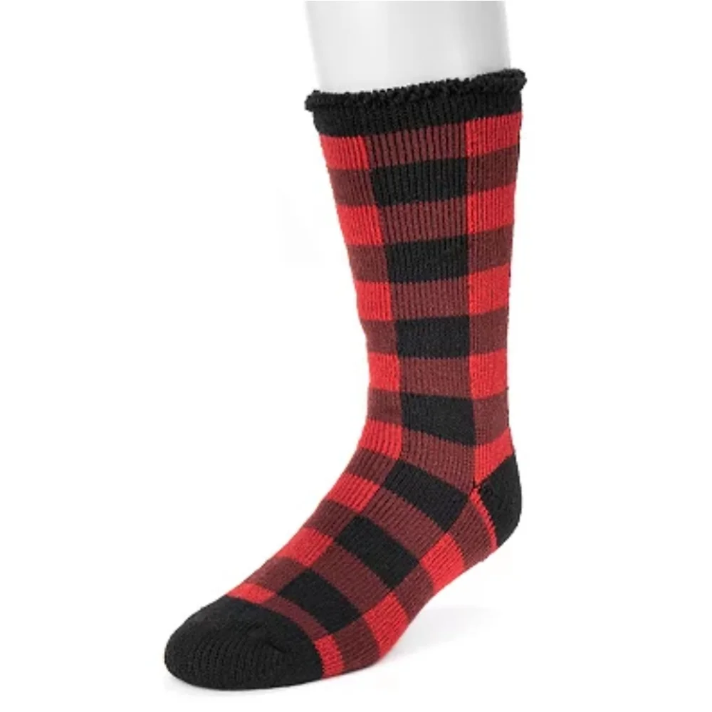 Men's MUK LUKS Heat Retainers Solid Thermal Socks, Red Black Buffalo Check, OSFM